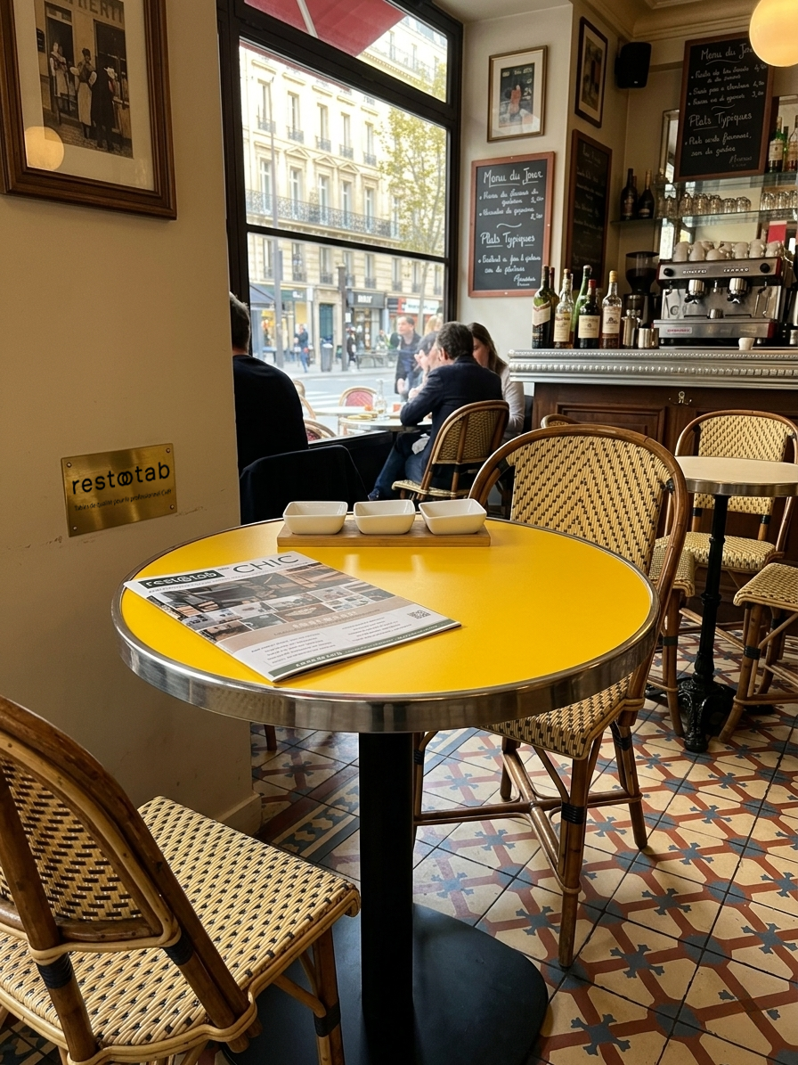 Table bistro avec cerclage en inox.
